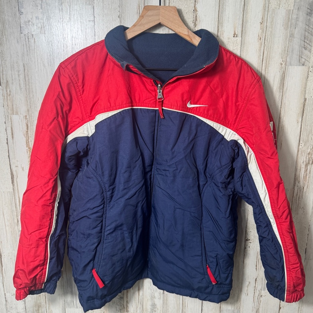 Vintage Y2K Nike Blue Red Reversible Fleece Zip‎ Bomber Jacket Womens Size Large